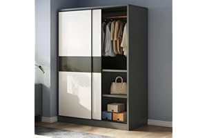 LITFAD Sliding Door Wardrobe Wooden Minimalistic Bedroom Armoires Modern Clothes Cabinet Functional Closet for Clothing with Shelves and Clothing Rods for Bedroom Storage,Black-47 L x 18" W x 71" H