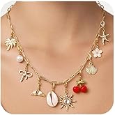 Raicegs Charm Necklace for Women 14K Gold Shell Starfish Cherry Bow Pearl Pendant Chunky Necklace Summer Beach Jewelry Gifts