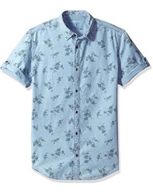 Calvin Klein Jeans Men's Short Sleeve Floral Print on Indigo Button Down Shirt