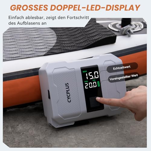 CYCPLUS 20PSI Rechargeable Paddleboard Pump - Intelligent Quick Inflation, Deflation, Auto Shutdown & Dual LED Indicator. Suitable for Stand Up Paddleboards, Boats, Tents, Mattresses