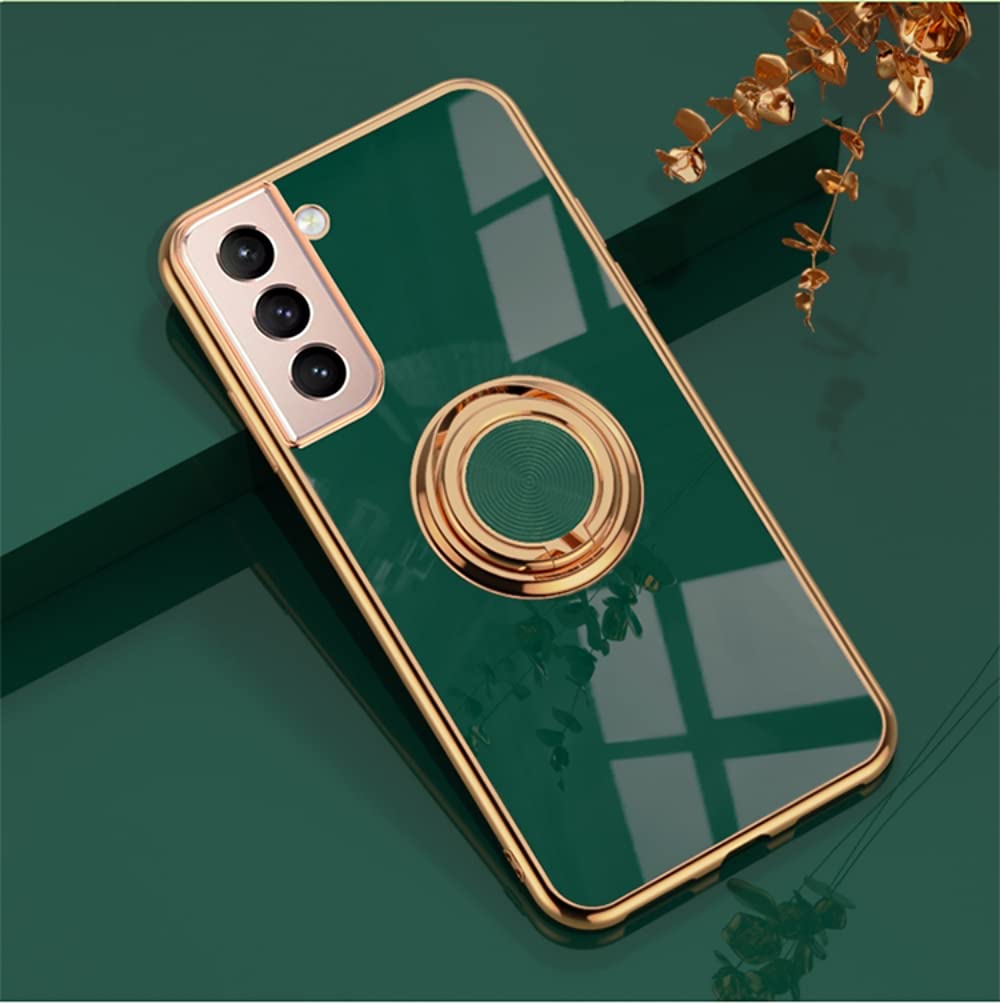 EYZUTAK Electroplated Magnetic Ring Holder Case, 360 Degree with Rotation Metal Finger Ring Holder Magnet Car Holder Soft Silicone Shockproof Cover for Samsung Galaxy S21 - Drak Green