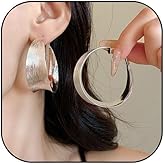 HEDFP Wide Flat Hoop Earrings for Women Silver, Exaggerated Large Huggie Hoops, Lightweight Matte Finish Hypoallergenic Earrings, Chunky Minimalist Statement Jewelry for Prom Wedding Party