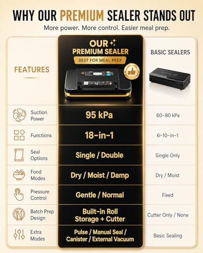 Commercial Vacuum Sealer Machine,95KPa Food Vacuum Sealer Machine,18-in-1 Scelleuse Sous Vide with Double Heat Seal, Dry Moist Damp Modes, Built-in Cutter & Roll Storage,Easy-Lock Handle for Sous Vide