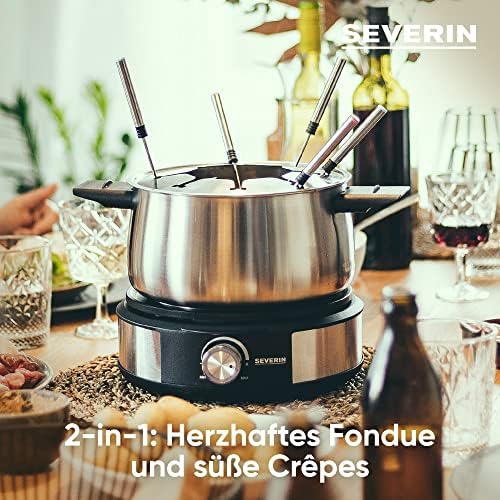 Fondue-Crêpes-Kombination, spülmaschinengeeignetes Fondueset mit 8 farblich markierten Gabeln, Fondue-Crêpes Maker-Kombi aus Edelstahl, schwarz, FO 2471
