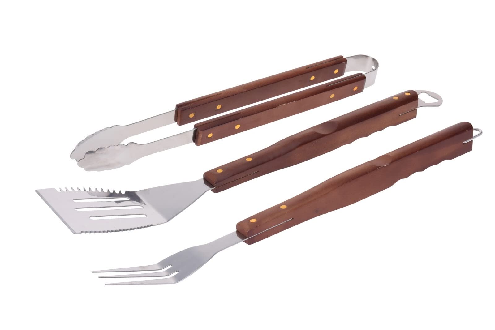 BARGAIN4ALL BBQ Grill Tools Set – 3 Pcs Non-slip Wood Grip Stainless-Steel Utensils – Backyard Camping, Cooking – Barbecue Accessories – Spatula, Tongs and Fork (Brown)