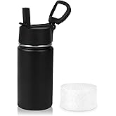 Volhoply 14oz KIds Insulated Stainless Stee Water Bottle with Straw Lid and Silicone Boot,BPA-Free Easy Use for Boys&Girls,Double Wall VacuumLeakproof Bottles(Black,1)