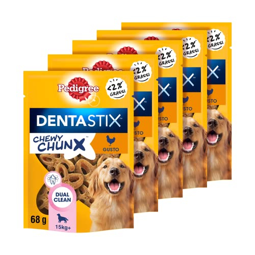 Pedigree Dentastix Chewy Chunx Dental Chicken Snack for Medium and Large Dogs, 5 x 68g Bags