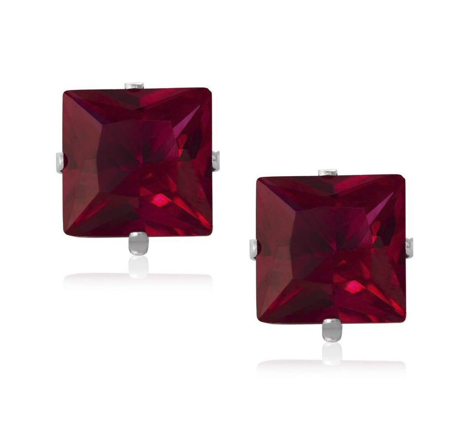 6MM Square Princess Cut CZ Birthstone Stud Earrings/Ear Studs for Women - 925 Sterling Silver - Ruby Red