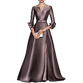 Caodip Women Satin V Neck Mother of The Bride Dresses for Wedding Long A Line Elegant Evening Gown with Slit