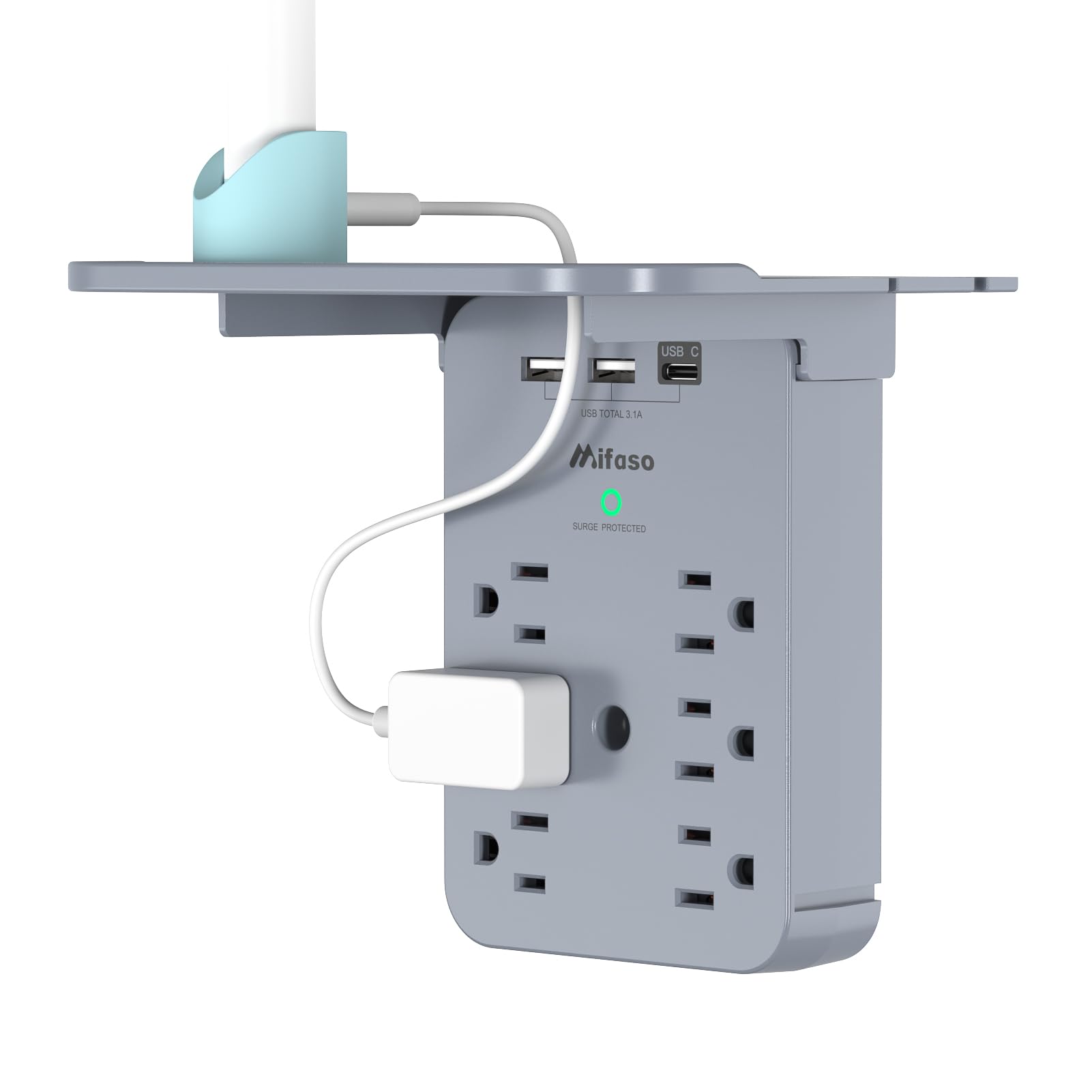 Wall Outlet Extender with Surge Protector, PD 30W USB-C Charger, 6 AC Outlets, Shelf, 2 USB & USB C Charging Ports - Home & Dorm Plug Expander (Gray)