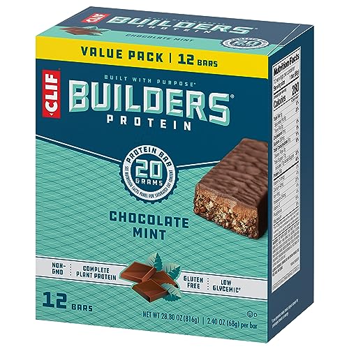 CLIF BUILDERS PROTEIN BARS – CHOCOLATE MINT FLAVOR – 20G PLANT BASED PROTEIN – GLUTEN FREE – NON-GMO – LOW GLYCEMIC – NO ARTIFICIAL SWEETENERS – VALUE PACK, 2.4 OZ. (12 COUNT)