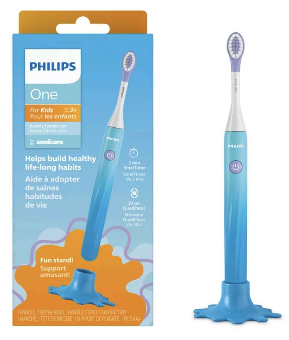 Photo 1 of Philips One for Kids by Sonicare, Battery Toothbrush, for Kids Age 3+, with SmarTimer and QuadPacer for Thorough Clean, Lightweight and Colorful Handle, Quick Start Guide, Blue, Model HY1130/02