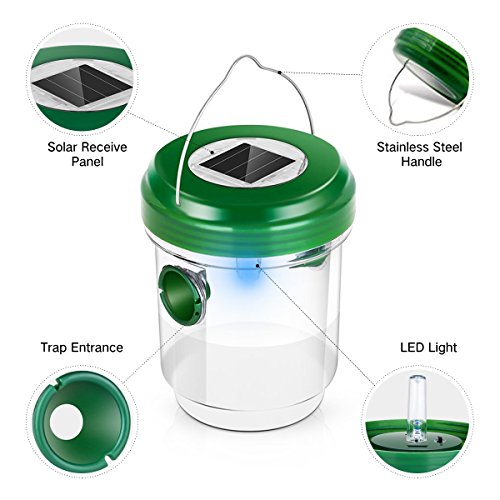 DAPRIL Wasp Trap Catcher, Life OutdoorÂ Solar Powered Ultraviolet LED Light - Perfect for Wasps Bees Yellow Jackets Hornets Bugs Fly and More