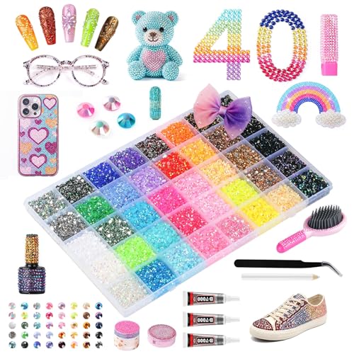 40000Pcs 40 Colors Resin Jelly Rhinestones Kit, 3mm Flatback Rhinestones with 3Pcs B7000 Jewelry Glue & Tools, Bedazzler Kit for DIY Arts & Crafts Gifts (40)