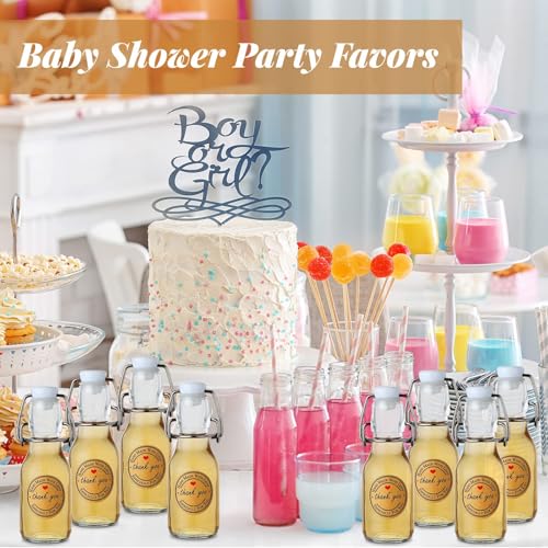 TERRIFI 20 PCS 100ml Mini Flip Top Glass Bottles with Stoppers, Decorative Swing Top Bottles with Lids and Kraft Adhesive Round Stickers, Ideal for Wedding and Themed Party Favors