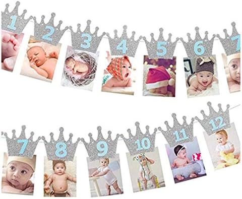 WYMAODAN Birthday Photo Banner, 1st Birthday Baby Photo Banner Newborn to 12 Months Birthday Party Decor (Silver Blue)