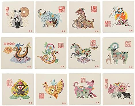 12 Assorted Chinese Zodiac Square Ceramic Absorbent Drink Coaster, Decorative Oriental Asian Horoscope Collectible Animal Sign Water Absorbing Tile Cup Mat for Tea Coffee Beer Beverage, Gift Set of 12