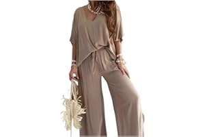 TAKEBERNY Women’s Casual Loose Solid Color Suit, Two Piece Sets For Women, V-Neck Womens Lounge Set, Pant Sets For Women