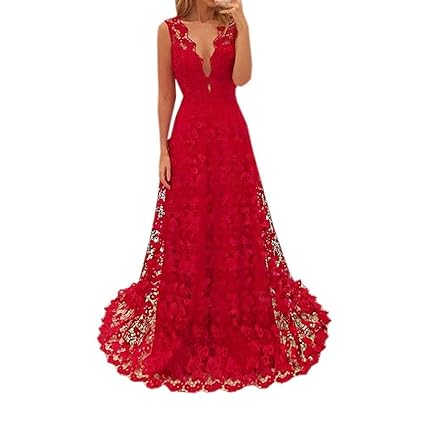 Riou Damen Cocktailkleid Elegant Ärmellose Lang Sexy V-Ausschnitt Spitze Abendkleid Rot für Hochzeit Festival Party Ballkleid