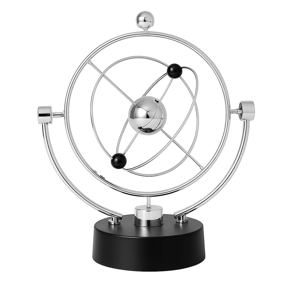 Kinetic Orbital Motion Desk Toy – Chrome Planet Balance Sculpture with Black Base, 25 cm Spinning Metal Orbit Model for Home Office Desk Decoration & Stress Relief Display