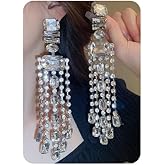 Wiwpar Large Silver Crystal Long Tassel Chandelier Teardrop Dangle Earrings Sparkly Full Bling Rhinestone Oversized Statement Drop Earrings for Women Prom Dress Bridal Wedding Party