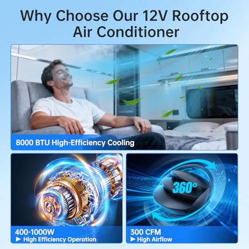 Aire Acondicionado Para Caravanas De 12 V en Techo 8000 BTU Con Calefacción, Enfriamiento Rápido y Calor, Ultra Delgado, Perfil Bajo, Ultra Silencioso, Unidad de CA de 12 V sin Conductos