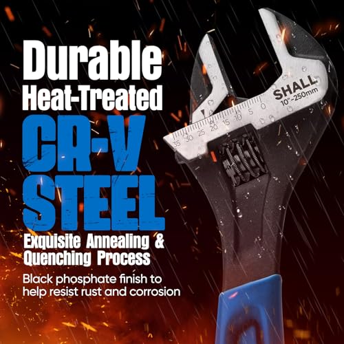Shall Adjustable Wrench Set 3 Piece, 10/8/6 Inch Cr-V Steel Wrench with Padded Grip, Navy Blue, Laser Engraved for Home, Garage, Workshop and DIY