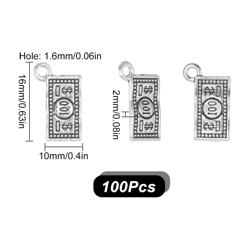 SUNNYCLUE 1 Box of 100 Pieces Money Charms Large Money Sign Charms Cash US 100 Dollar Note Coin Currency Silver Antique Alloy Charm Bulk for Jewellery Making Charms Earrings Necklaces Bracelets, Alloy