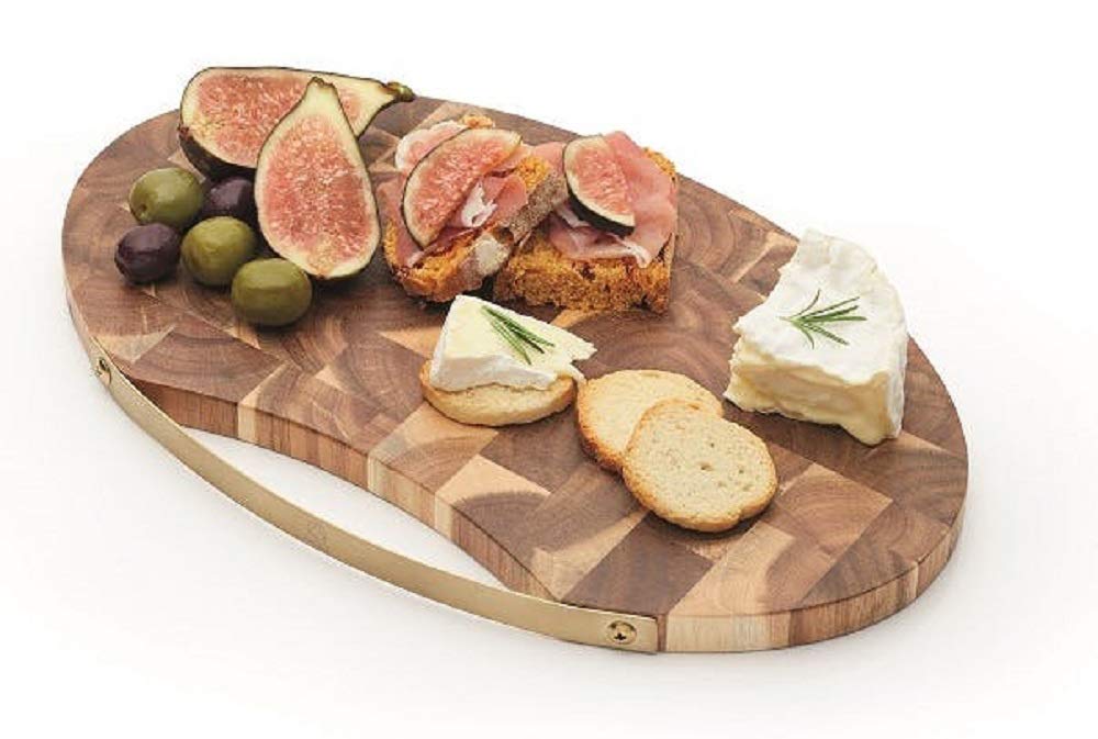 Artesa End Grain Oval-Shaped Wooden Cheese Board/Serving Platter with Brass-Effect Handle, 32 x 20.5 cm