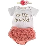 Newborn Infant Baby Girls Hello World Clothing 3pcs Romper Clothes+Gauze pants+Flower Headband (70/0-6Month)