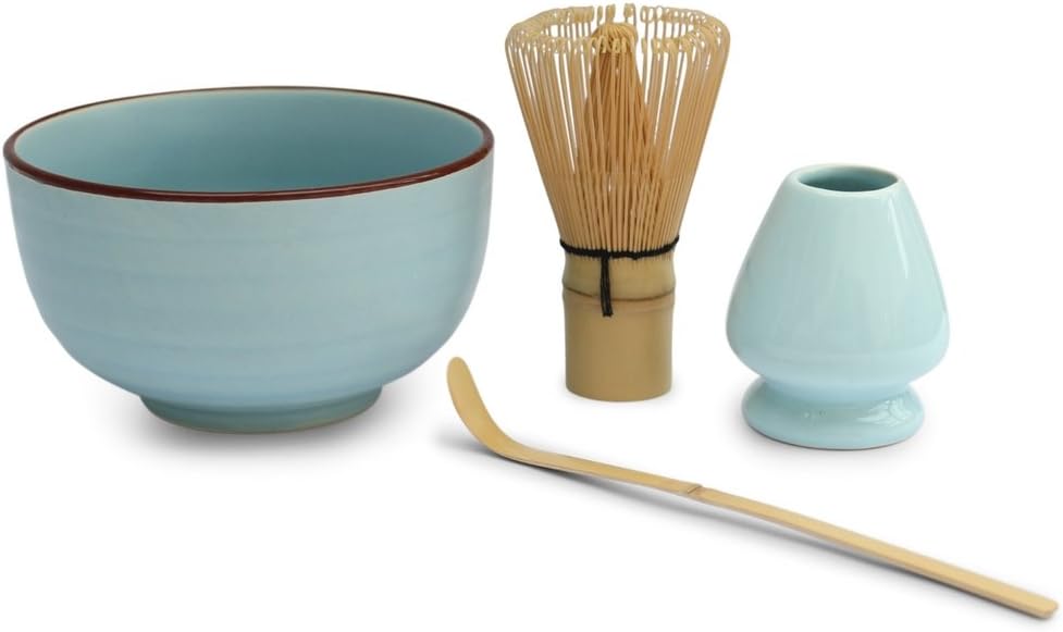 Matcha Tea Bowl Gift Set (4 Piece), Consisting of Matcha Bowl - Blue, Matcha Bamboo Whisk, Ceramic Whisk Holder - Blue and Matcha Bamboo Spoon - Japanese Matcha Tea Ceremony Set