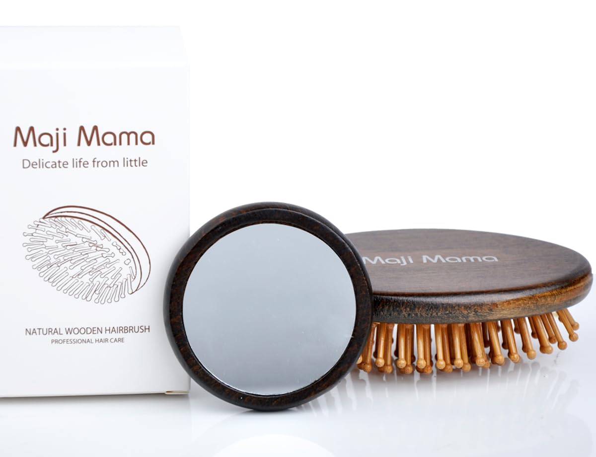 Handmade Oval Wooden Hair Brush Mini Cosmetic Mirror Set,Mini Travel Portable Hairbrush with Bamboo Pins/Boar Bristles (Bamboo Pins)