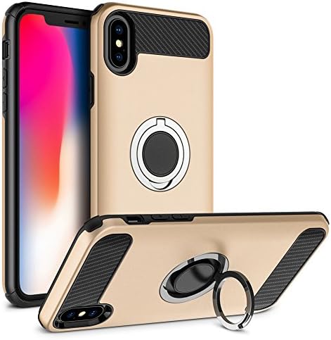 iPhone X Case, Vabogu Multi-function Car Holder Stand Magnetic Suction Bracket Finger Ring TPU + PC Case for iPhone X (Glod)