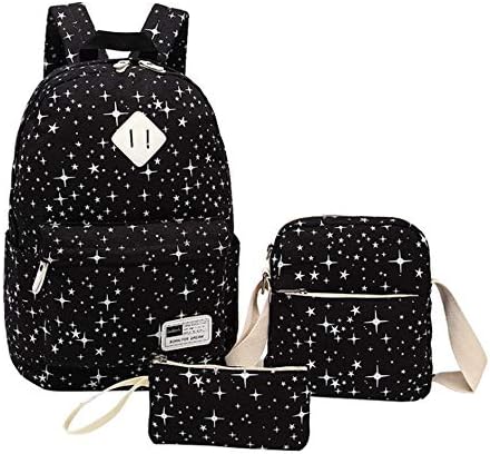 School Bag Shiny Star Print 3 Piece Teen Girl Boy Backpack Set 3 in 1 Laptop Bag Canvas Bag Travel Travel Children's School Bag (Color : Black)