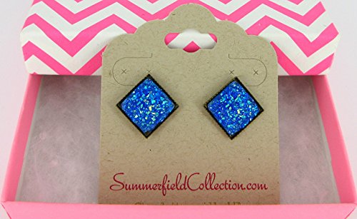 Blue Geometric Square Shaped Flat Faux Druzy Stud Earrings 12mm Statement Antiqued Gold-tone