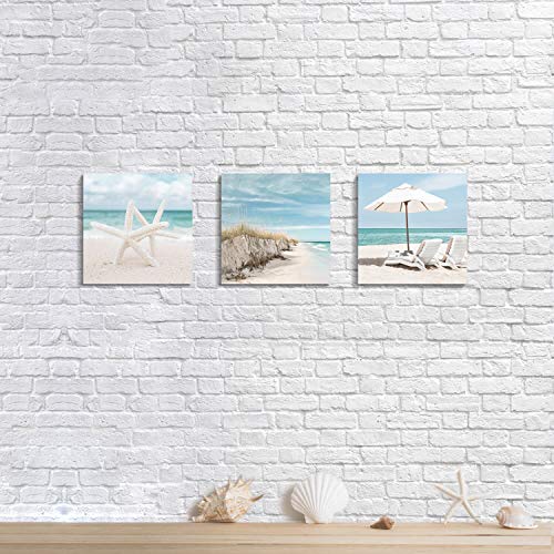 Coastal-Canvas-Wall-Art-Print-Starfish-Beach-Chairs-on-Sand-Artwork-for-Wall-Painting-for-BedroomOverall-12Wx12H-x3-Pcs Coastal Canvas Wall Art Print: Starfish & Beach Chairs on Sand Artwork for Wall Painting for Bedroom(Overall 12"Wx12"H x3 Pcs)