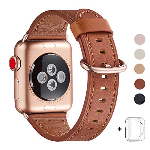 WFEAGL Compatible iWatch Band 44mm 42mm, Top Grain Leather Band with Gold Adapter (The Same as Series 4/3 with Gold Aluminum Case in Color) for iWatch Series 4/3/2/1 (Brown Band+Rosegold Adapter)