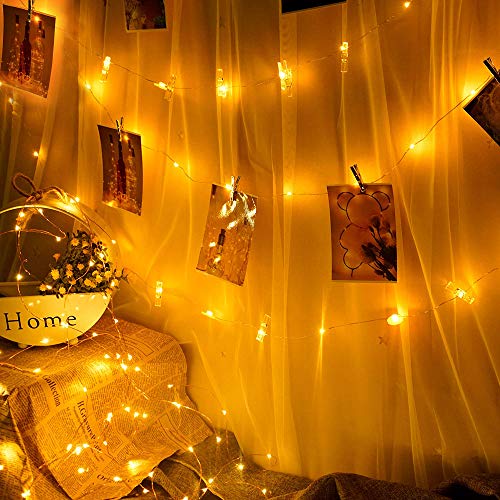 UPGRADE 33FT 100LED Photo Clips String Lights Battery Operated, Fairy String Lights with 50 Clear Clips for Hanging Pictures Cards Indoor & Outdoor Decoration