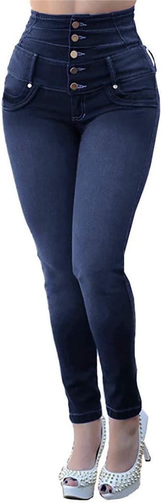 Shybuy Women's Autumn Stretch High Waist Casual Straight Row Buckle Feet Short Jeans