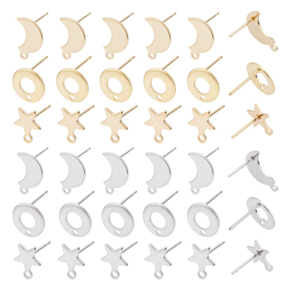 UNICRAFTALE about 36 Pairs 3 Shapes Earrings Posts Metal Hypoallergenic Ear Studs 304 Stainless Steel Stud Earring Findings for DIY Craft Jewelry Making Golden and Stainless Steel Colors