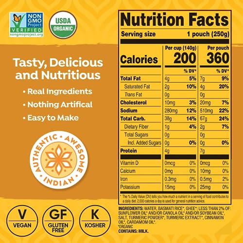 Tasty Bite Organic Turmeric Rice, 8.8 Ounce, Pack of 6, Ready to Eat
