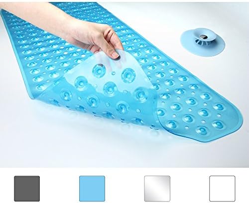 Cnacnoo Bathtub Mat with Drain Stopper, 39L x 16W Long Shower Mats Non-Slip, Heavy Duty, Mildew Resistant, Anti-Bacterial, BAP Free, 2 in 1 Stop &amp; Filters, Machine Washable Bath Mat (Blue)