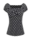 Women Sweetheart Neckline Polka Dot T Shirt Tee Pleated Short Sleeve Blouse Tops Black/L