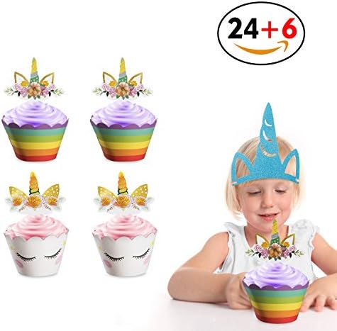 Unicorn Cupcake Toppers, AMASKY Cupcake Toppers and Wrappers Double Sided Kids Party Cake Decorations Set for Christmas Birthday Party Baby Shower Wedding Occasion (24 Pack)