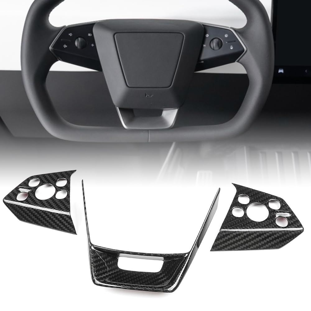 Photo 1 of Steering Wheel Cover Trim for Tesla Cybertruck 2024 2025+,for Cyberbeast Steering Wheel Voice Control Button Decoration Carbon Fiber Interior (Glossy Carbon)