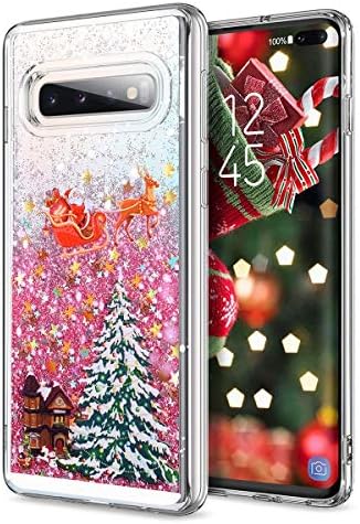 Veapero Samsung Galaxy S10 Plus Case,3D Creative Merry Christmas Tree Pattern Glitter Quicksand Flowing Liquid Bling Sparkle Cute Soft TPU Transparent Protective Case for,Pink