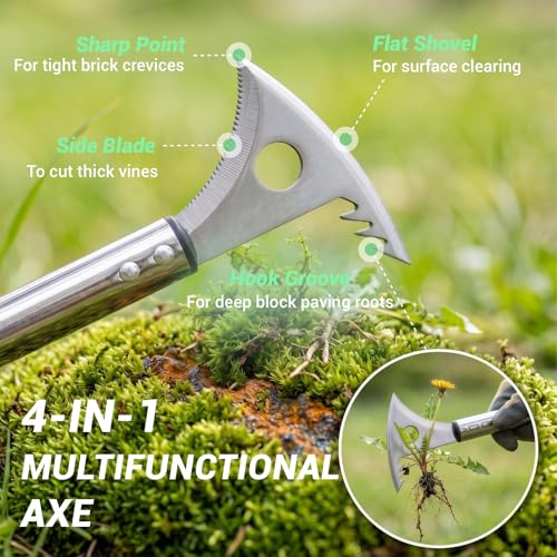 Kosmoflux Weed Remover Tool for Block Paving, 1-Sec Quick Release Weeding Tool with 63" Long Handle, 4-in-1 Scraper Axe & Metal Wire Brush Set for Garden Patio Driveway Crack Moss Removal