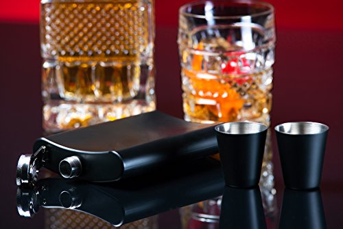 Hip Flask Funnel Shots Set Stainless Steel 8 oz. Matte Black and Premium Gift Box + E-BOOK INCLUDED