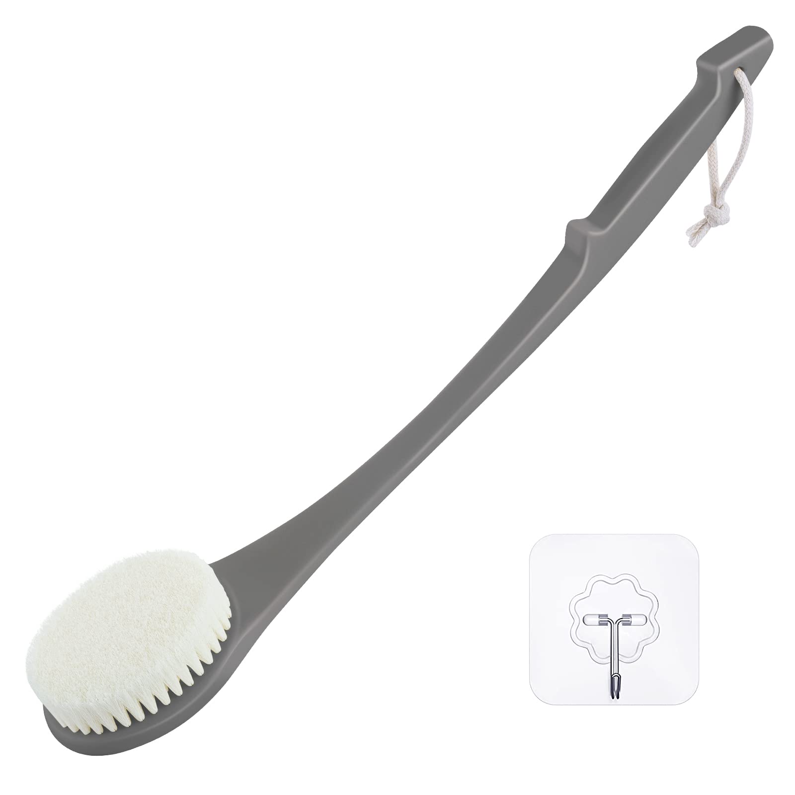 Body Brush Back Scrubber, 17 in Never Mold Back Brush Long Handle for Shower, Exfoliating Brush Dry Brushing Body Brush for Men Women Elderly Deep Exfoliation Soft Glowing Skin (Grey)
