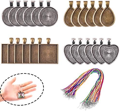 Fishdown 48pcs 4 Style Pendant Trays Kit with Glass Cabochons Round & Square & Heart & Teardrop Pendant Trays 20pcs Colored Rope for Crafting Jewelry Making DIY Gift